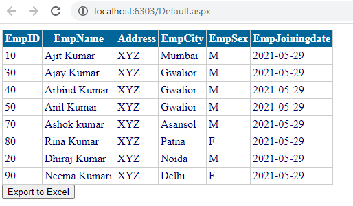 Bind Gridview and Export Gridview Data To Excel Using ASP.Net C#